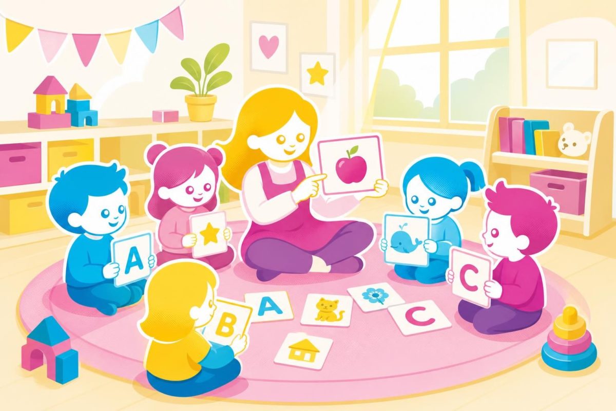 Dzieci w żłobku i przedszkolu bawią się kartami z literami podczas zajęć FastReading Kids