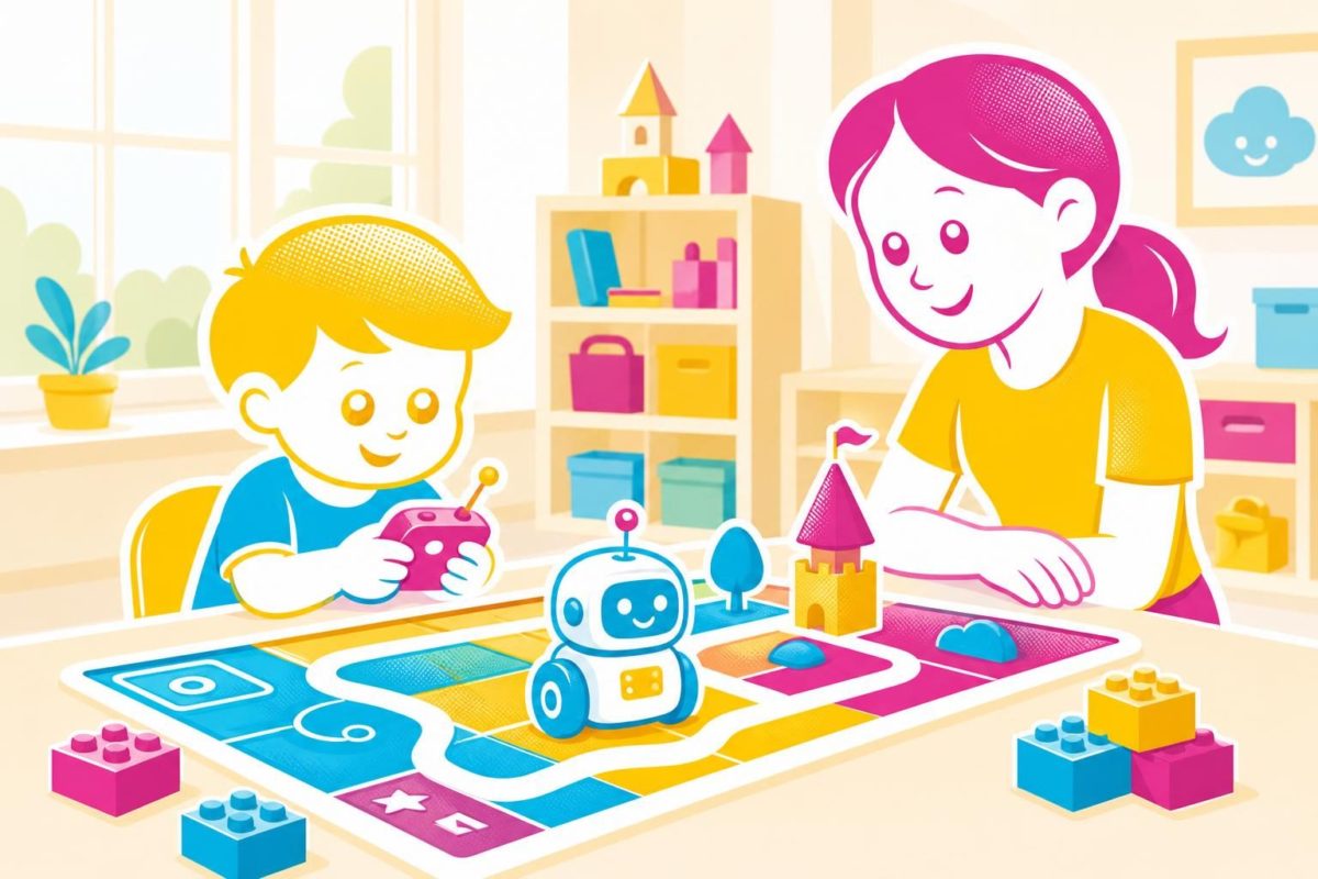 Małe dziecko sterujące prostym robotem edukacyjnym na kolorowej macie