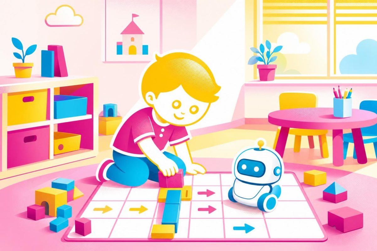 Przedszkolak układający trasę dla robota z klocków na kolorowej macie